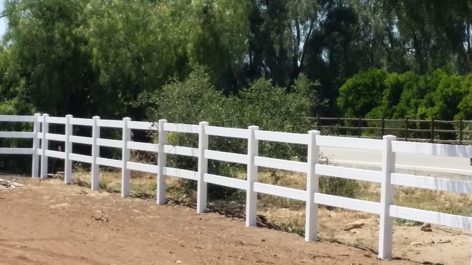 White three-rail ranch fence built by Valley Center Fence Co. in Valley Center, California